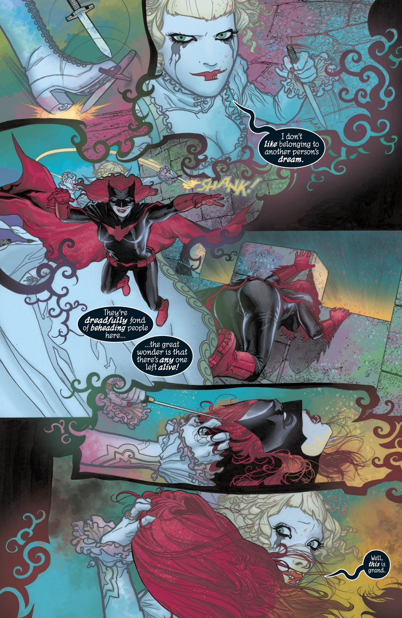 Batwoman escaping the clutches of a psychopath who incorrectly thought her wig was her actual hair.